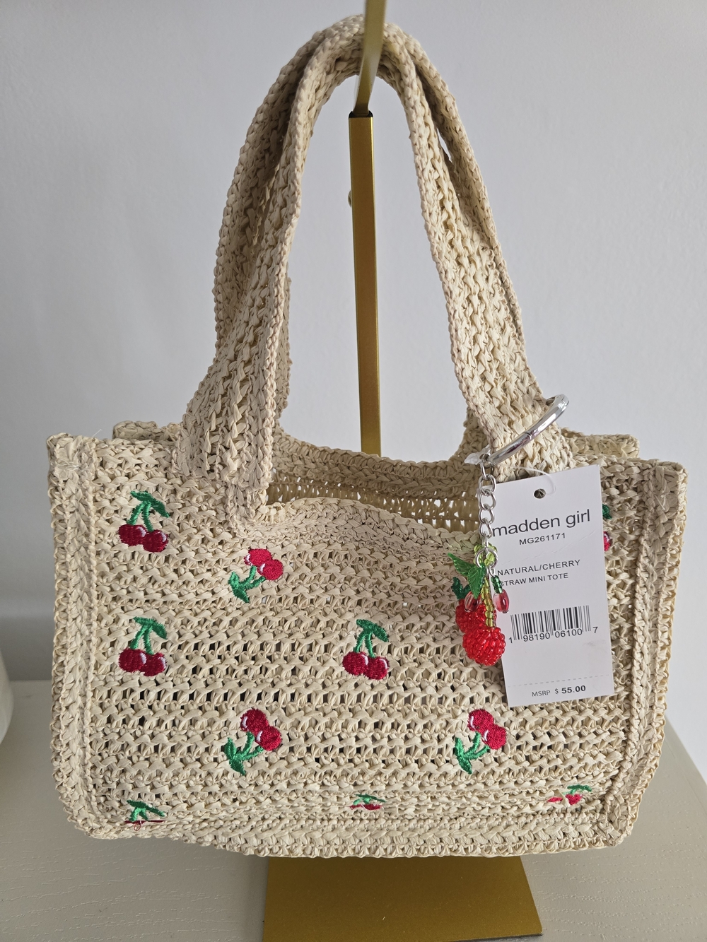 Madden Girl Cream Crochet Tote with Cherry Embroidery - Picture 2 of 13